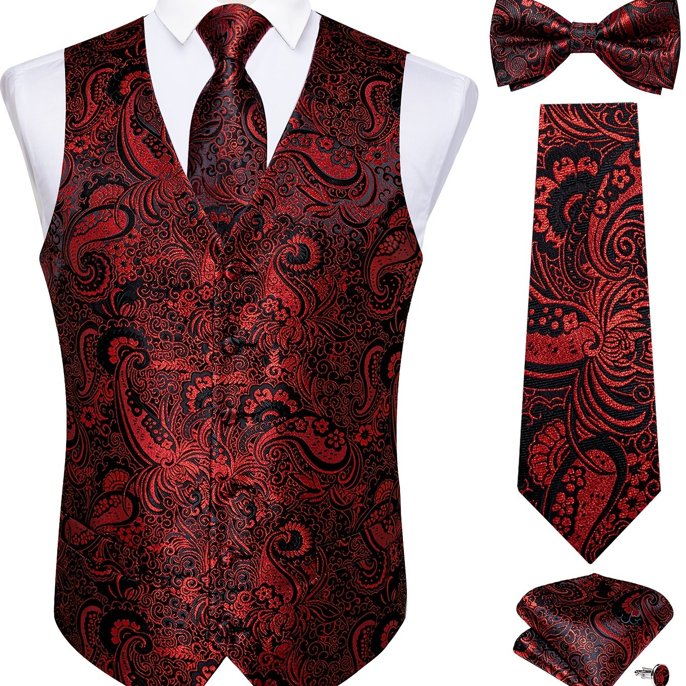 Image of Men's Paisley Vest Tie Handkerchief Cufflinks Boutonniere 5pcs Set Wedding Party Applicable, Casual
