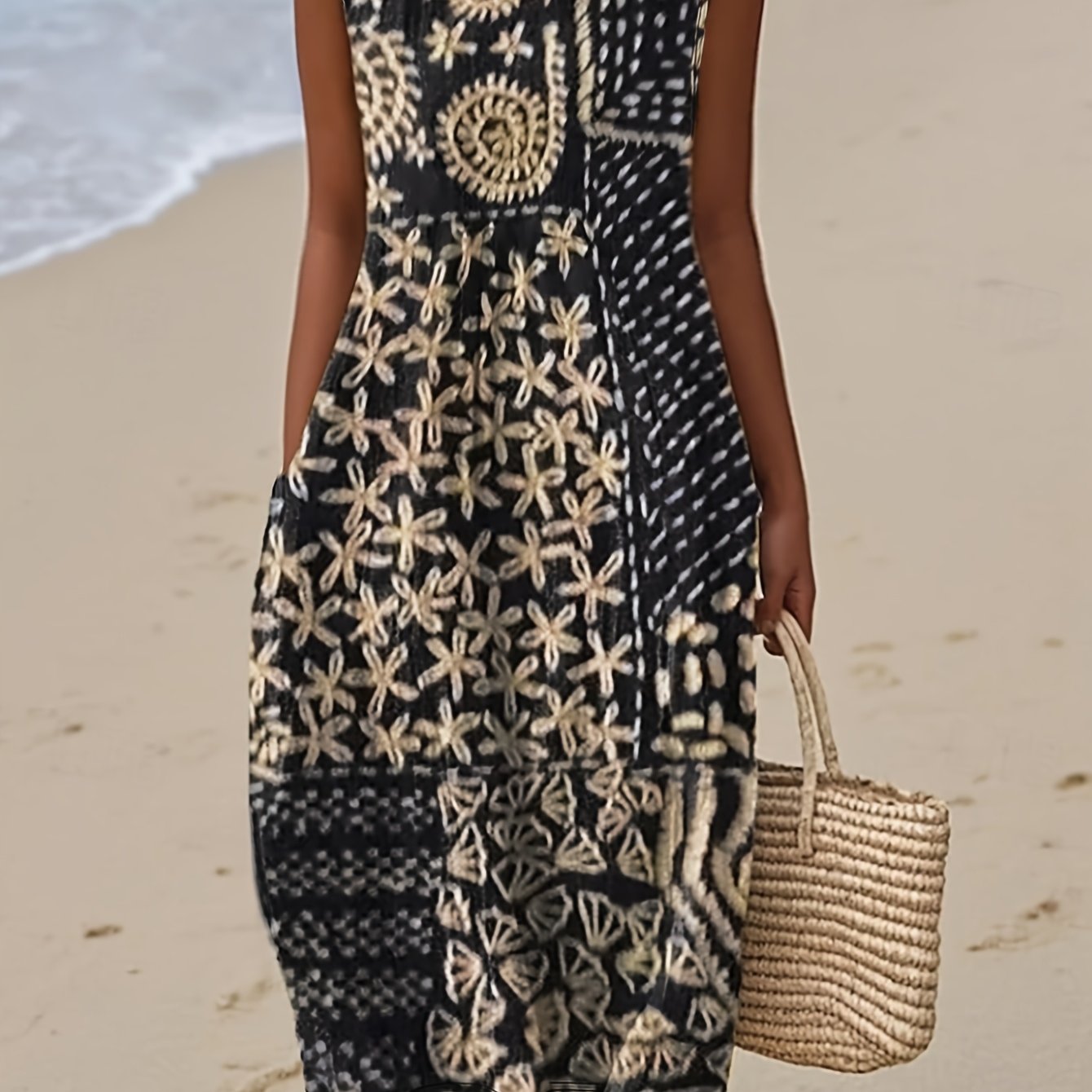 E-shop Ärmelloses Kleid im Boho-Bohemian-Stil 2026 Frühling, romantisches ethnisches Muster, lockeres Midikleid für Strandurlaub, alltägliche