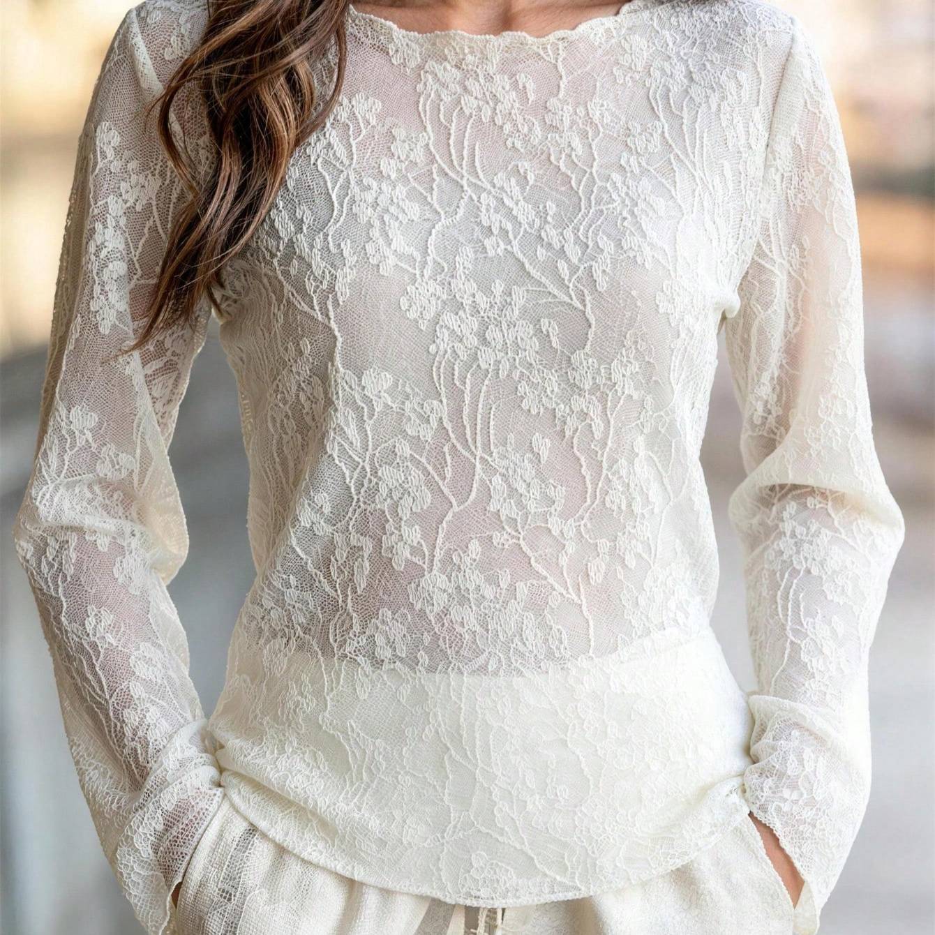 Image of French Beige Lace Long-sleeved Top Women's 2026 Summer Floral Waist Flared Sleeves Temperament Commuter Blouse