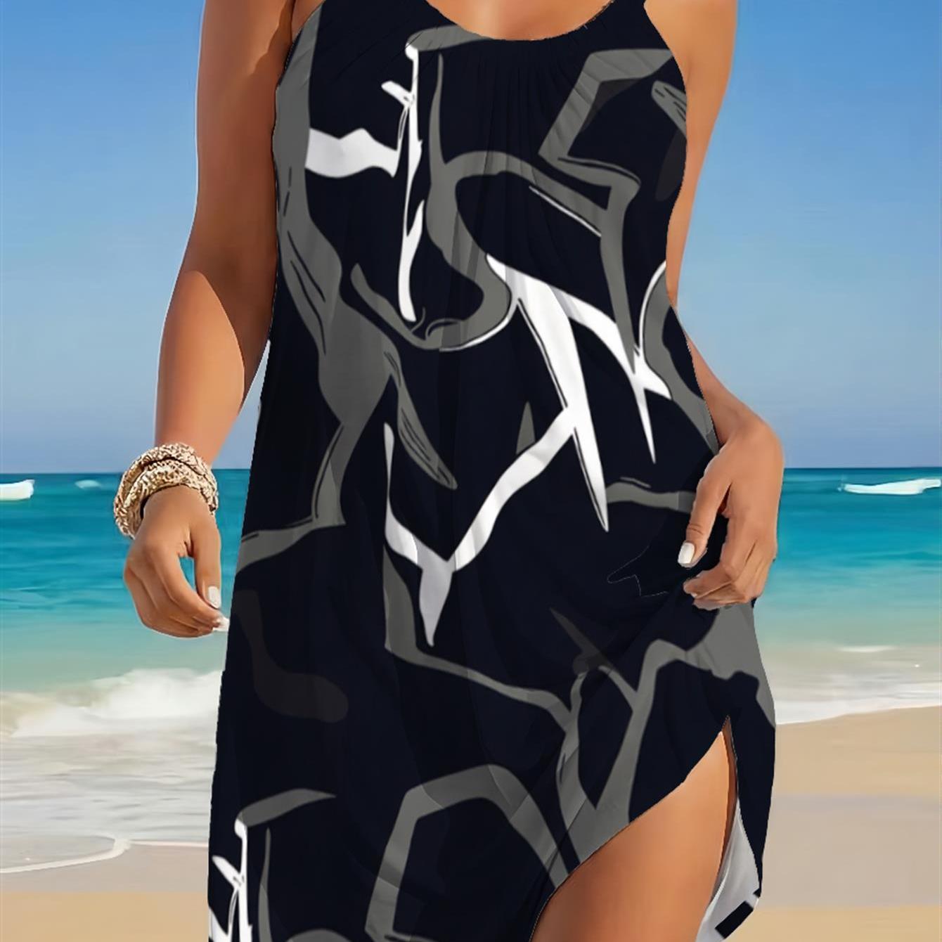 Image of Women's Abstract Monochrome Halter Dress - Dynamic Black, White, And Gray Lines With Modern Minimalist Aesthetic
