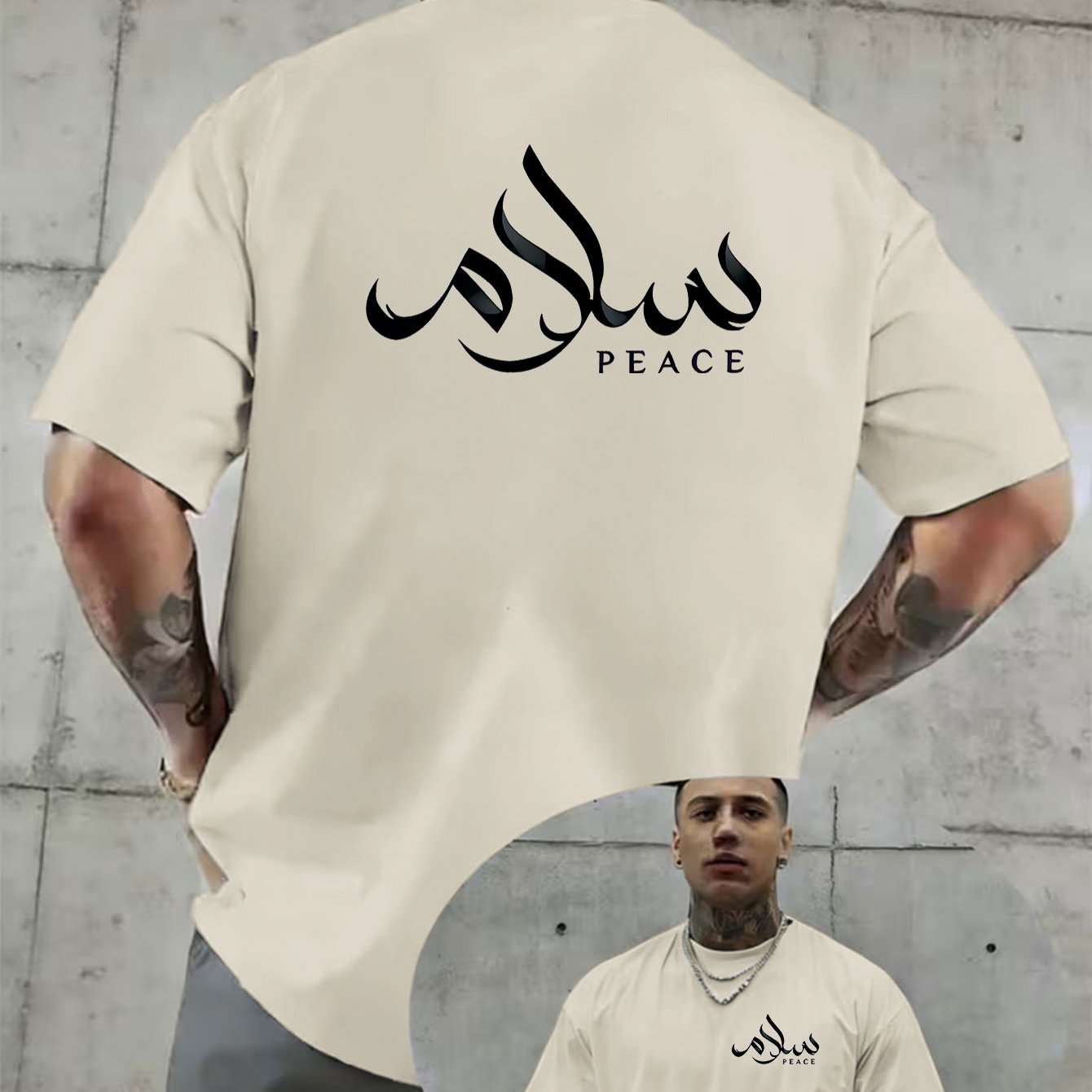 TEMU Creative Double-sided Pattern Print, Arabic "peace" Print T-shirt, Exotic Trend, Simple And , Men's Summer Casual Short-sleeve Crew Neck Top,