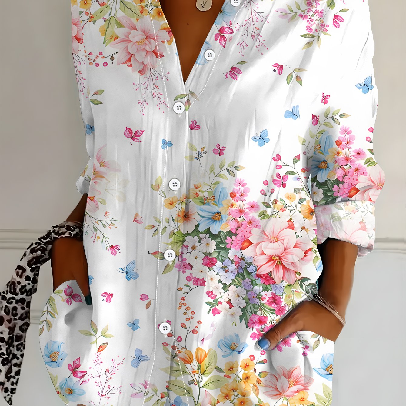 TEMU Plus Size - Women's Long Sleeve Shirt, Style ' Printed Blouse, Flower Print, Women's Floral Shirt, Colorful Fresh Colors, Women's Casual Shirt,