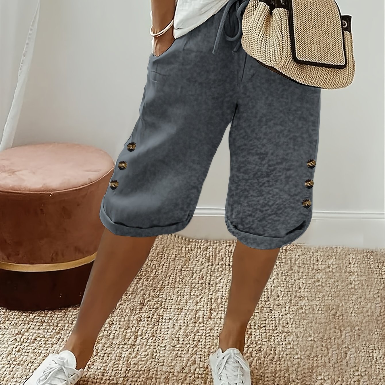 TEMU Women's Casual Solid Color Button-decorated Drawstring Bermuda Shorts, Spring Loose Comfortable Trousers
