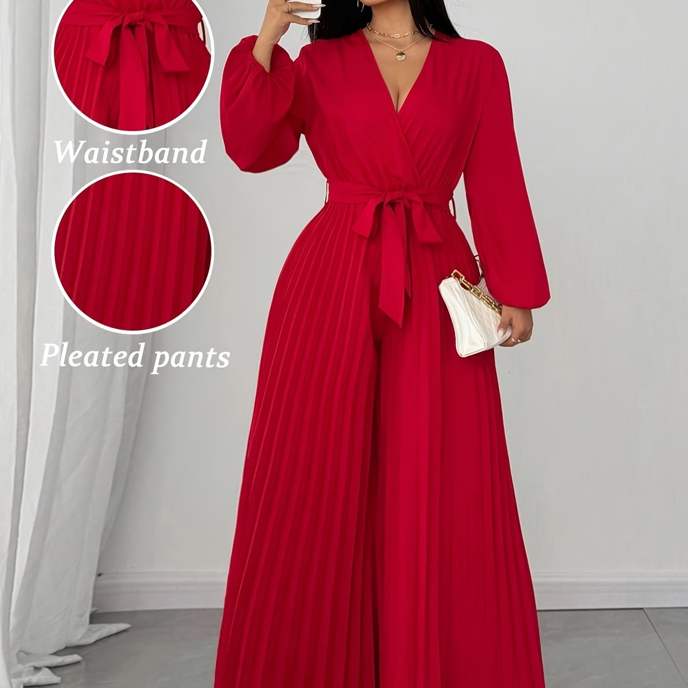 E-shop Plus Size, -entwickeltes Plus-Size Damen-Jumpsuit mit tiefem V-Ausschnitt, langen Ärmeln, verstellbarem Bund plissierten Weitbeinhosen