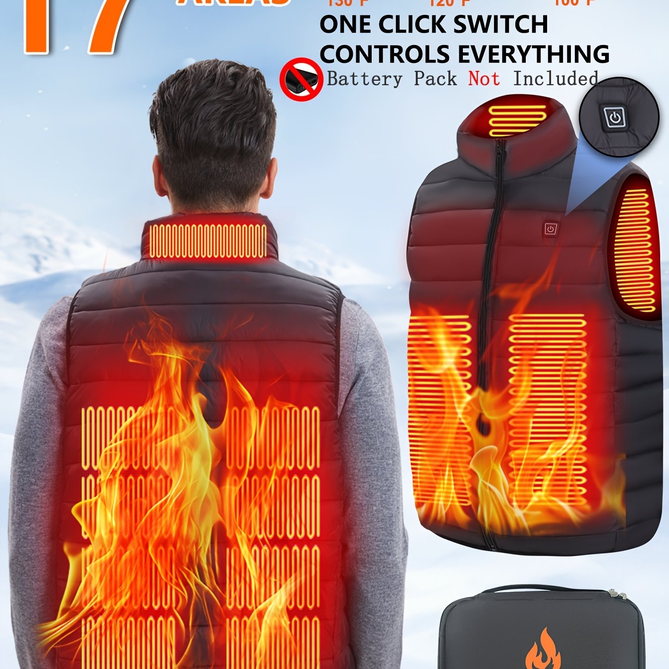 TEMU Men's Heated Vest Designed For Winter, Featuring A Full-zip Front And 3 Heat Settings, Perfect For Outdoor Activities Like Cycling And Skiing.