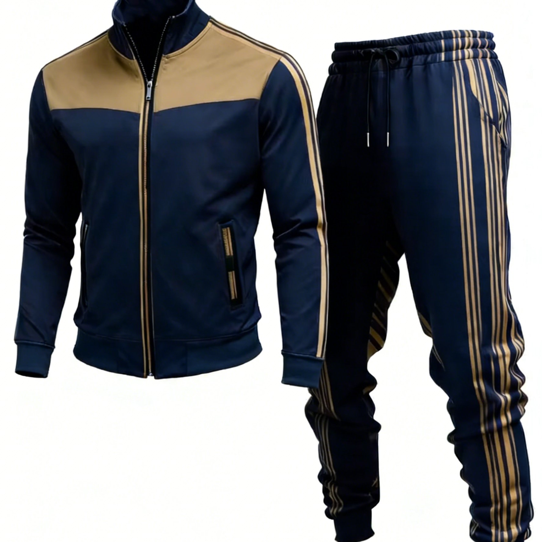 Image of 2pcs Men's Casual Sportssuit | Featuring A Printed Pattern, A Neck Long-sleeved Top, Drawstring Pants, Comfortable And Warm Fabric, Suitable For , Perfect For Casual Wear And Sports