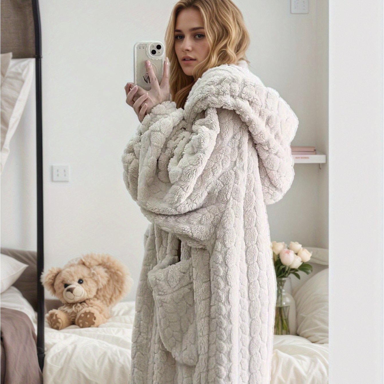 TEMU 1 Women's Comfortable Soft Set - Soft Plush Winter Loungewear With Striped Design, Brown Bathrobe And Matching Pants, Crew Neck, Perfect For