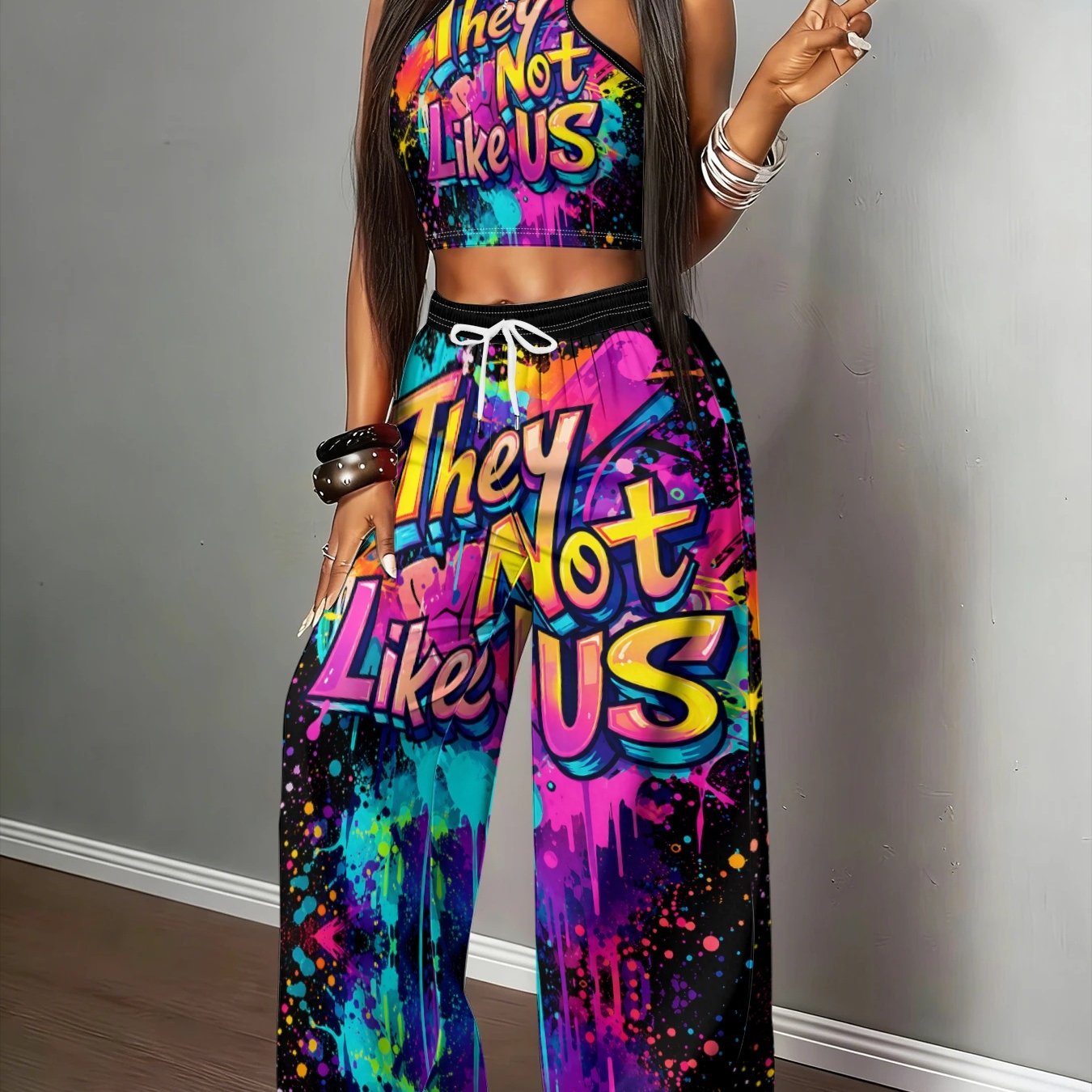 TEMU American-style | Ink Splatter Tank Top + Flowy Wide-leg Joggers 2pcs Set