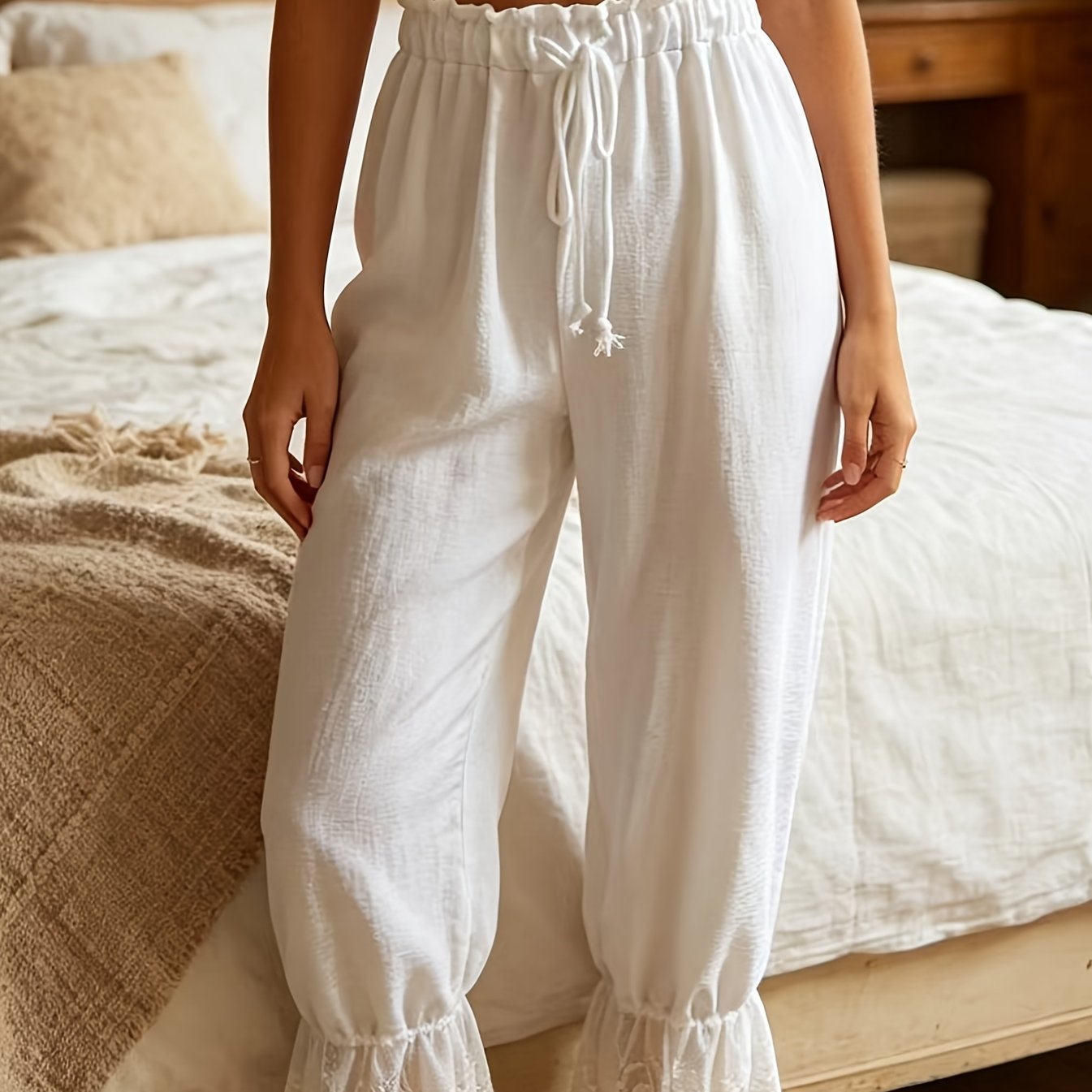 TEMU New Autumn/winter Style, Christmas Women's Loungewear Pants, Elastic Waist With Drawstring, Lace Trim , Elegant Style, Semi-sheer Fabric, Indoor
