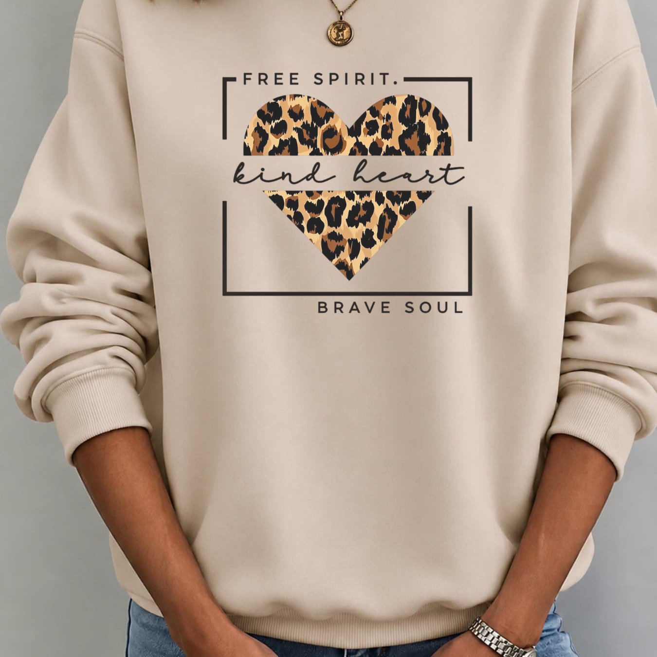Image of Autumn Winter New Hoodie For Women: Leopard Heart Print & Kind Heart Brave Soul Graphics, Loose Fit Casual Crew Neck Pullover Sweatshirt For Spring Daily Wear