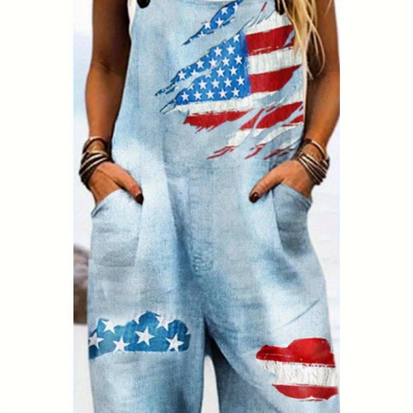 Women's Printed Casual Overalls, Stylish American Flag Pattern Jumpsuit, Machine Washable