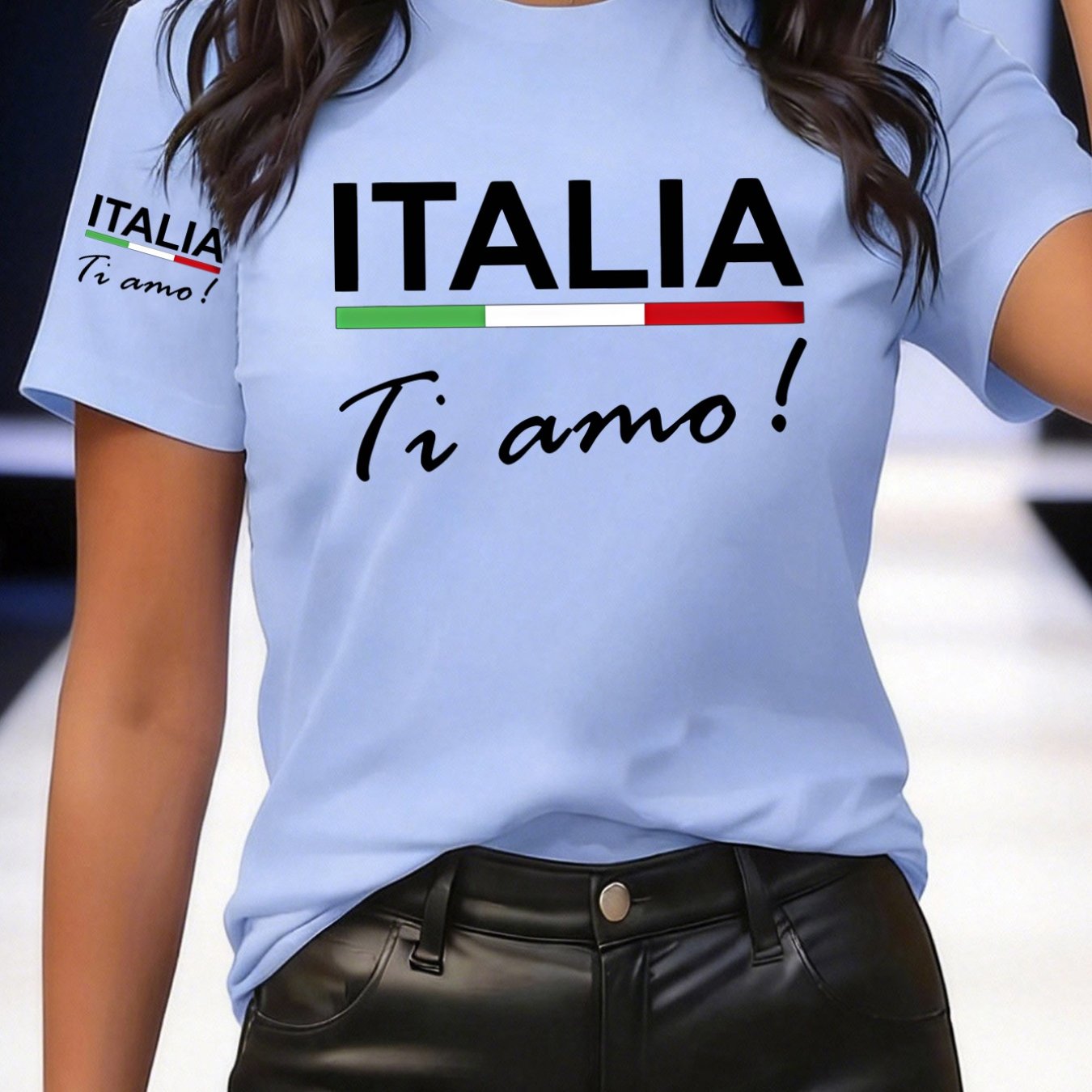 TEMU Women's Italian Flag T-shirt With Italia Ti Amo Print - Italian Colors & Italian Text, Round Neck Short Sleeve Casual Sporty Tee, Machine