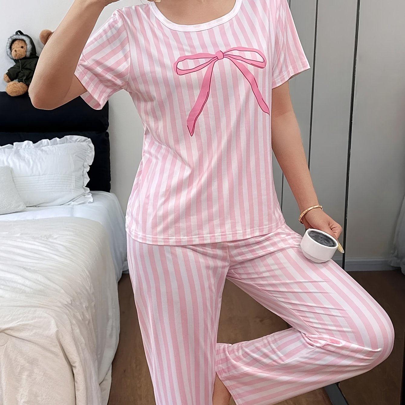 TEMU 여성용 캐주얼 핀스트라이프 나비넥타이 반팔 긴바지 파자마 세트