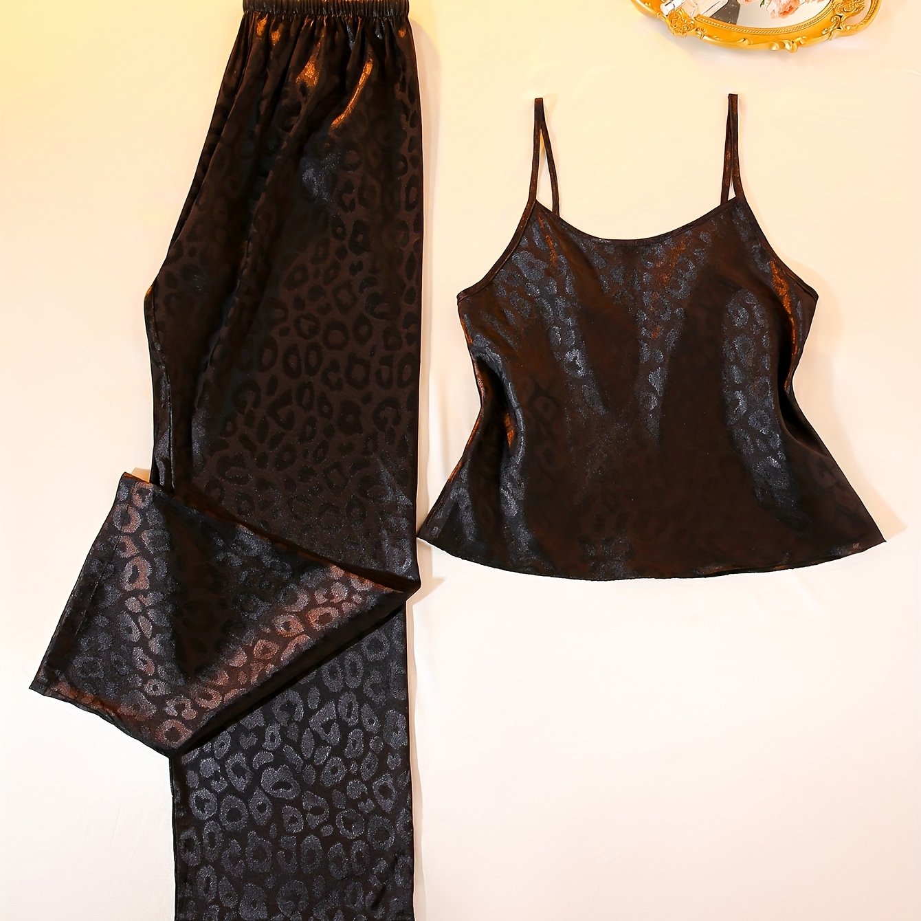 E-shop Rundhals Jacquard Damen Casual Bequemes Camisole Langarm Pyjama-Set 2-teilig