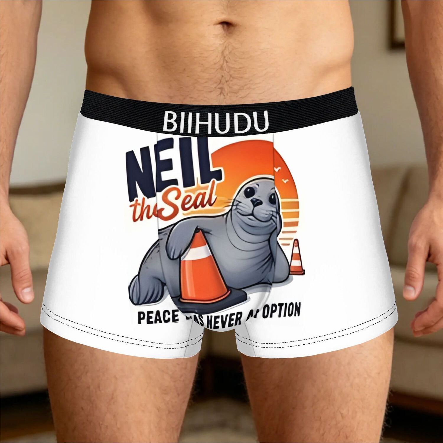 TEMU 1pc Biihudu Neil The Seal Men' Boxer Briefs Underwear - Breathable Suitable For &, With Neil The Seal Print, Non- Shorts Panties For (hand