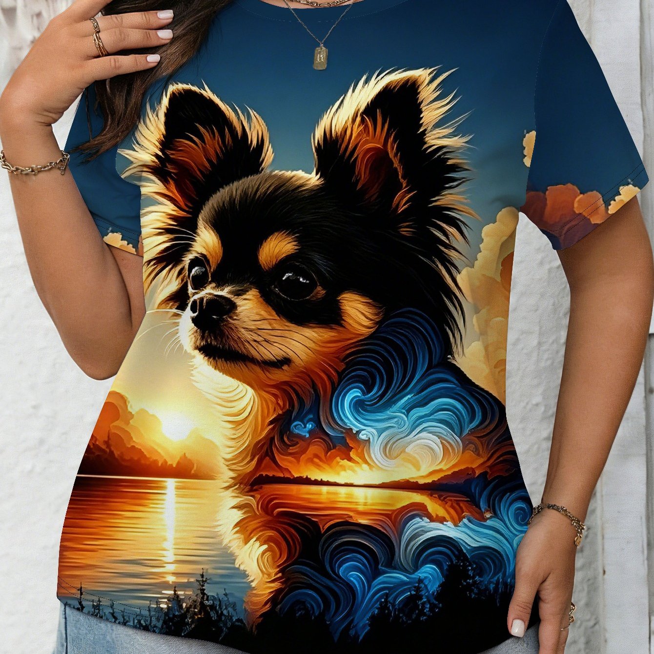 TEMU Plus Size, Women's Plus Size Chihuahua Print T-shirt - Soft Machine Washable Summer Top With Chihuahua Double Silhouette & Sunset, Round Neck