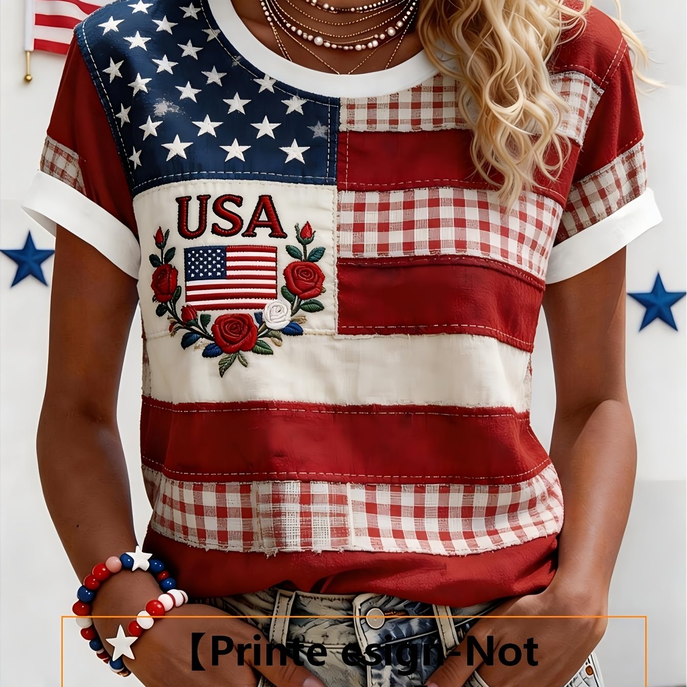 TEMU Women's Casual T-shirt With Print, Red, White, And Blue Plaid + Star And , Breathable And Skin-friendly Fabric, Loose Fit For A Effect, A