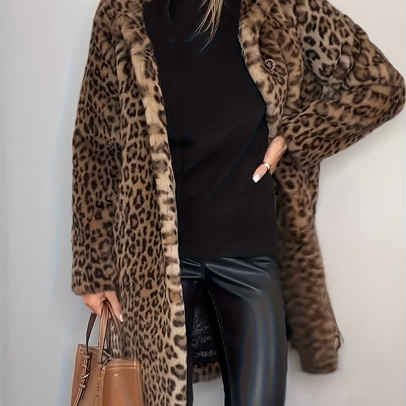 Image of Plus Size, Plus Size Women's Elegant Leopard Print Coat - Long Formal & Casual Outerwear, Machine Washable & Dry Winter Jacket For Parties, Office, Everyday Outfits - Sophisticated Women's Clothing