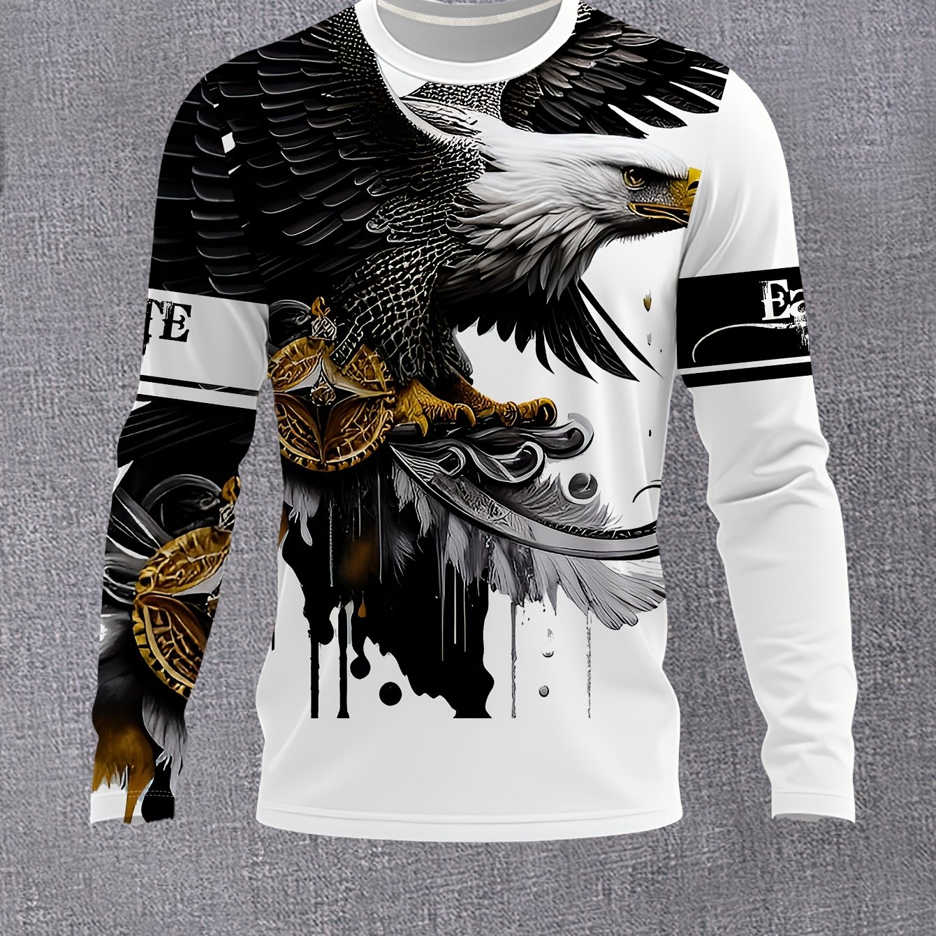 TEMU Men's Trendy Crew Neck Long Sleeve T-shirt With Eagle Gear Feather Pattern, Fashionable Casual Top