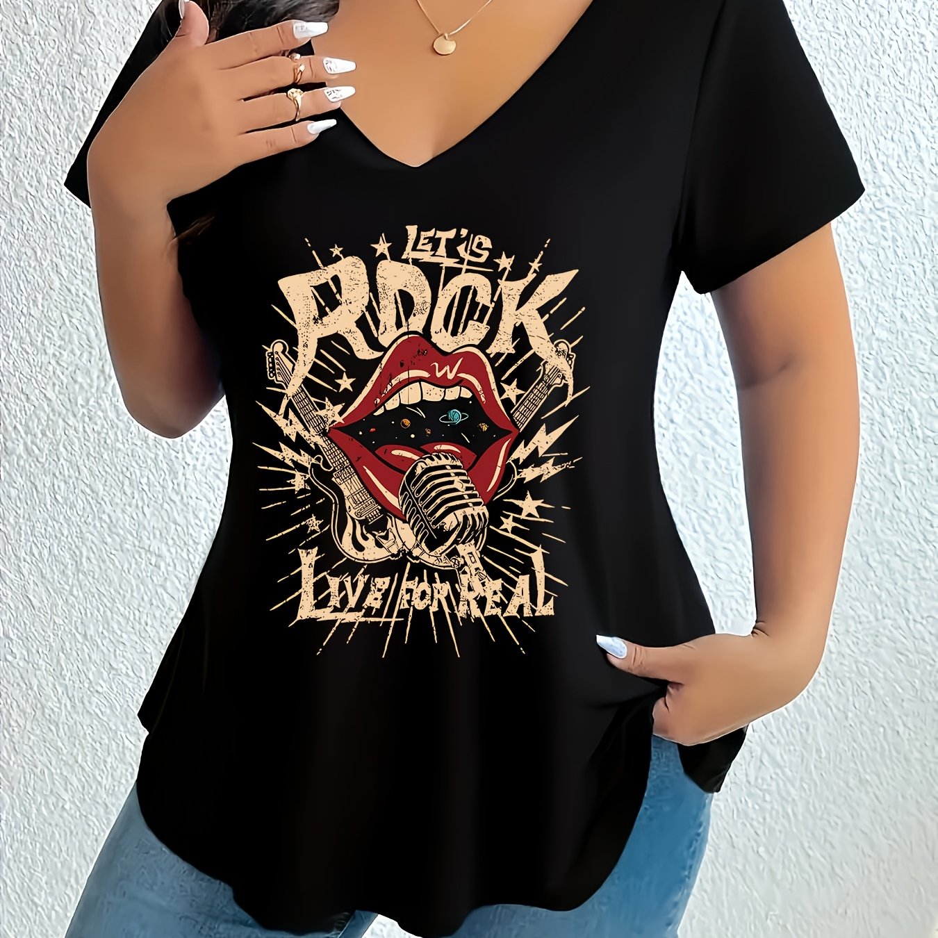 TEMU Plus Size - Plus Size - New Plus Size Printed Short Sleeve T-shirt Women's Casual V-neck Loose Comfortable Versatile Top
