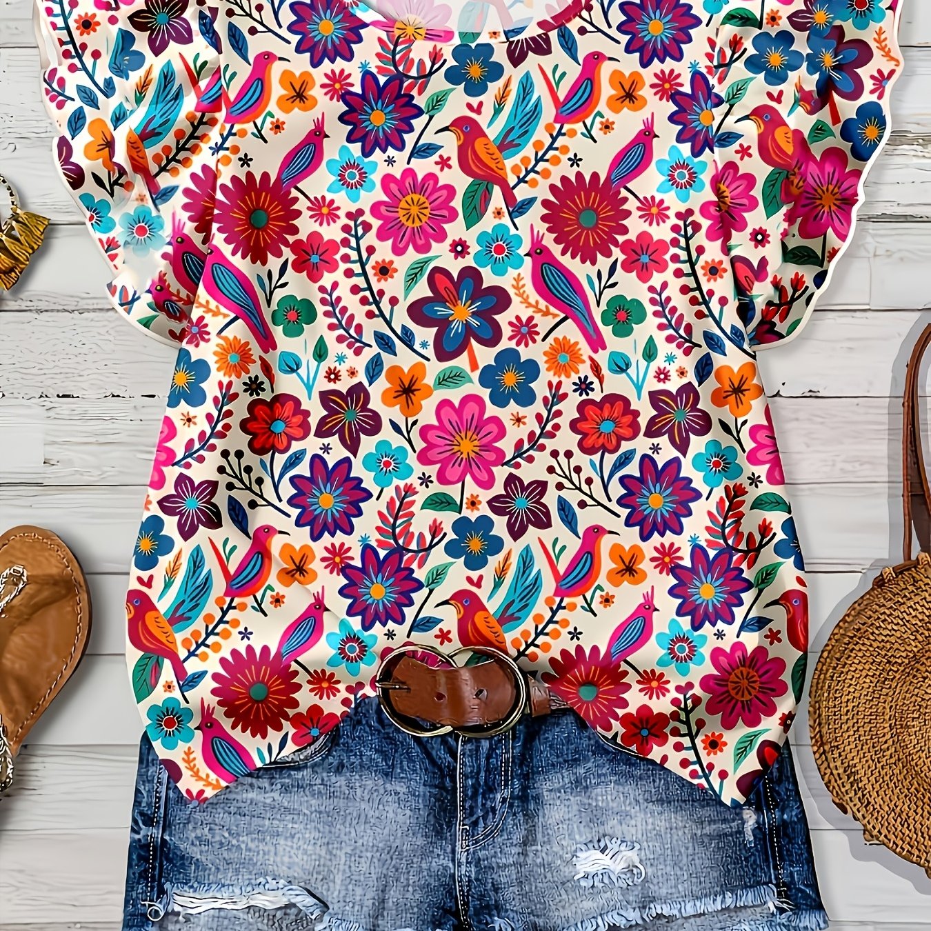 TEMU Women's Elegant Short Sleeve Blouse Shirt - Round Neck Non- Top With Floral Print, Spring Summer Korean Fashion Suitable For Vacations, Daily
