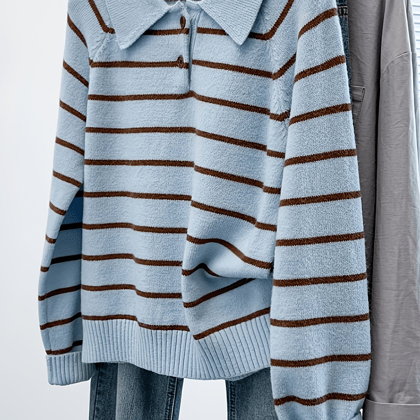 TEMU Collar Button Half-open Striped Sweater Top, Autumn Winter Retro Color-block Striped Soft Thick Casual Women's Sweater 2026 New Temperament