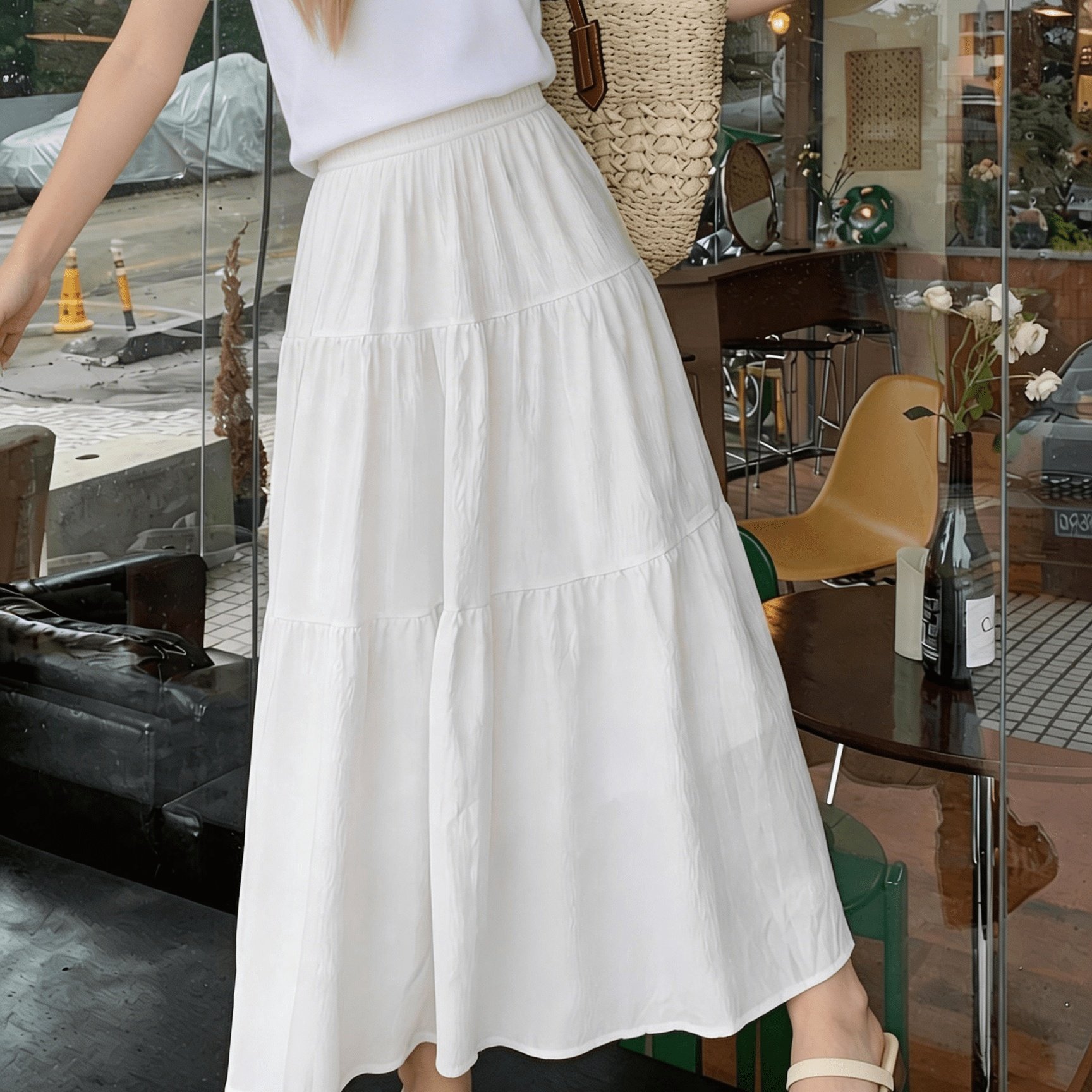 Image of A-line Umbrella And Autumn Women's High-waisted Long Skirt With Elastic Waistband, Long Skirt With Lining, Beach Party Long Skirt