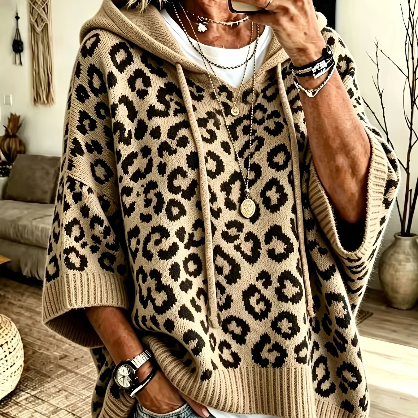 TEMU Plus Size, Women's Casual Leopard Print Drawstring Hoodie, Classic And Versatile Elegant Hoodie For Women, Loose-fit Comfortable Sweater,