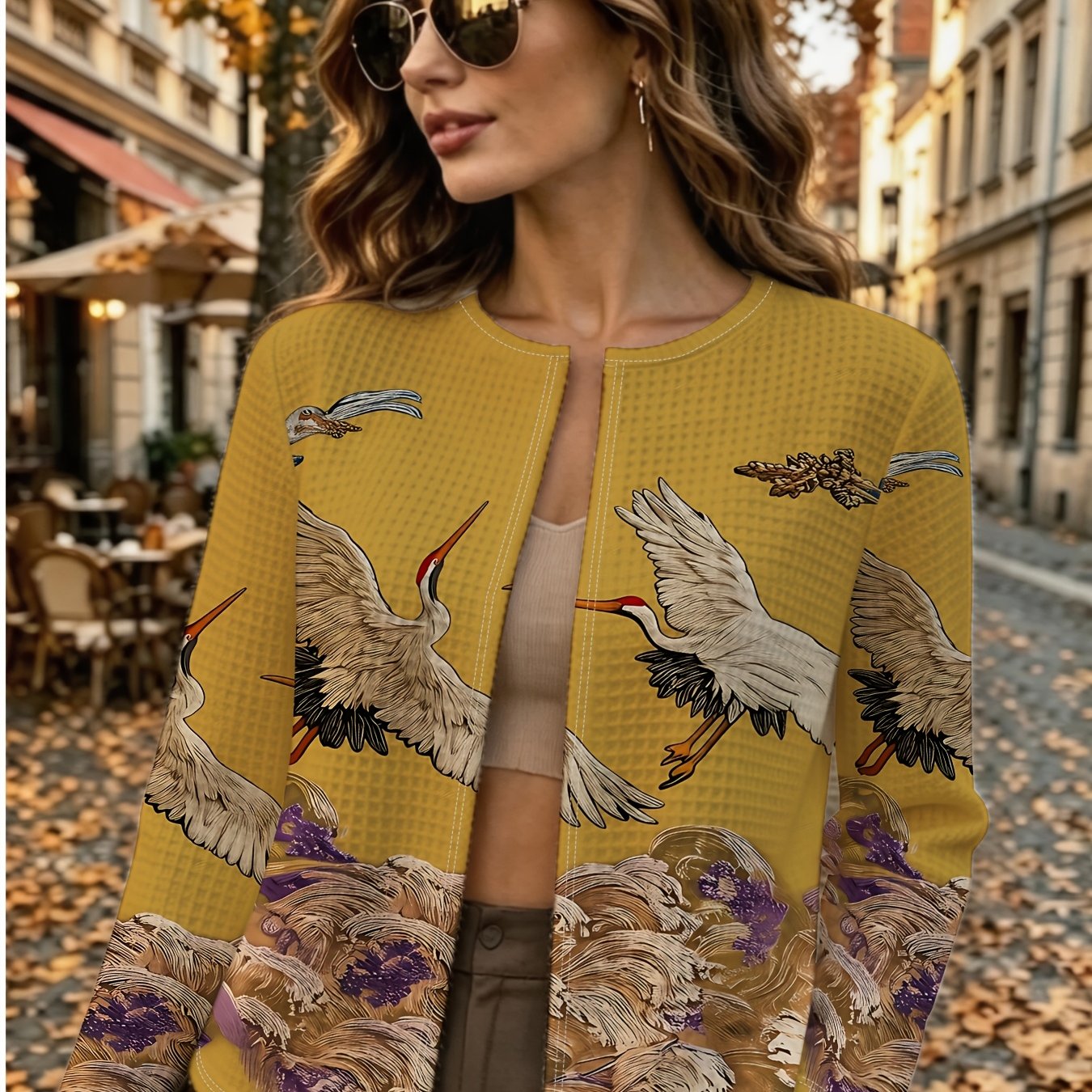 TEMU New Autumn/winter Women's Crane And Ocean Wave Chinese Style Printed Short Outer Jacket, Fashionable And Versatile Buttonless Waffle Cardigan