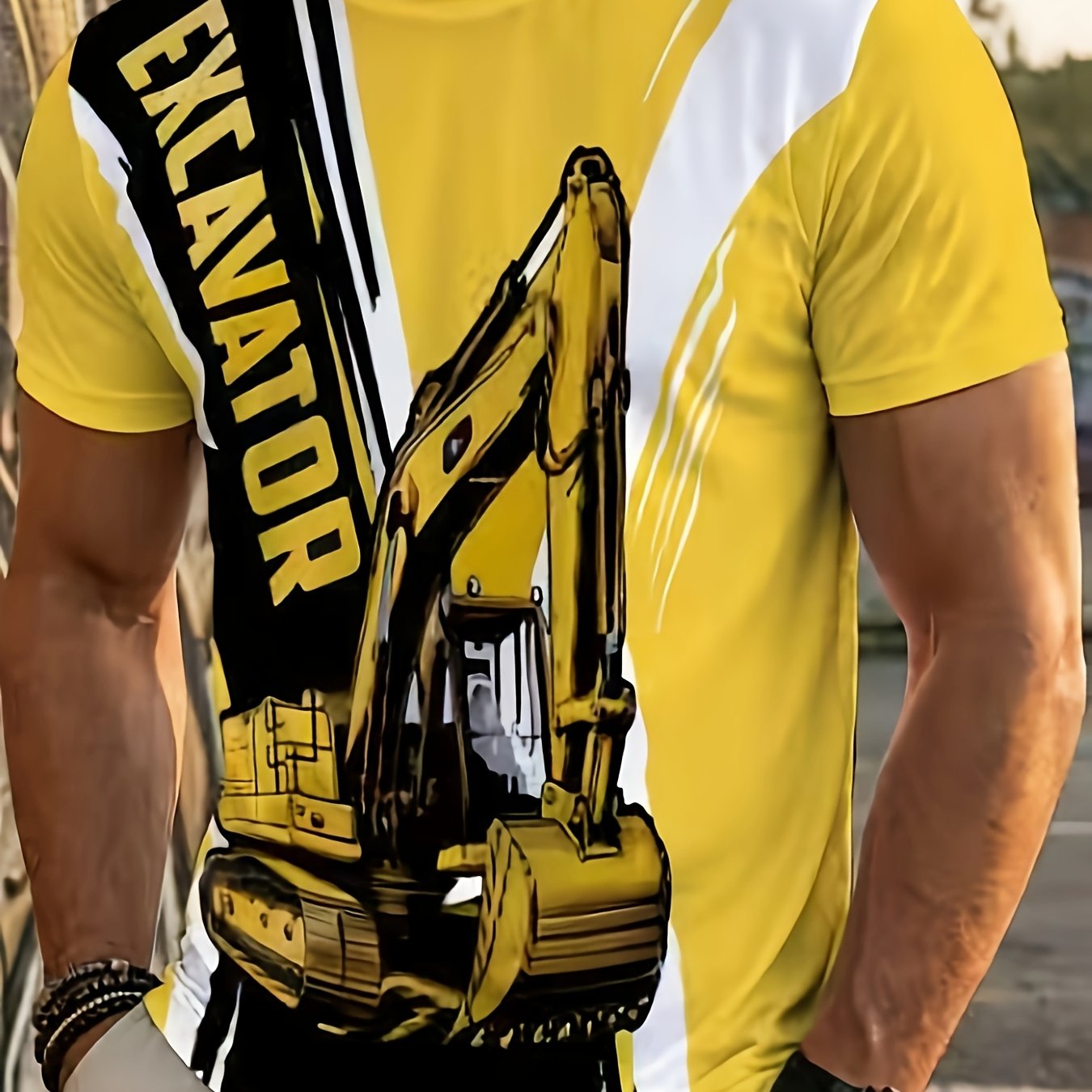 TEMU Men's Casual Short-sleeve T-shirt Featuring An Excavator Graphic Print, Regular Fit, Machine Washable, Suitable For Everyday Leisure And Sports