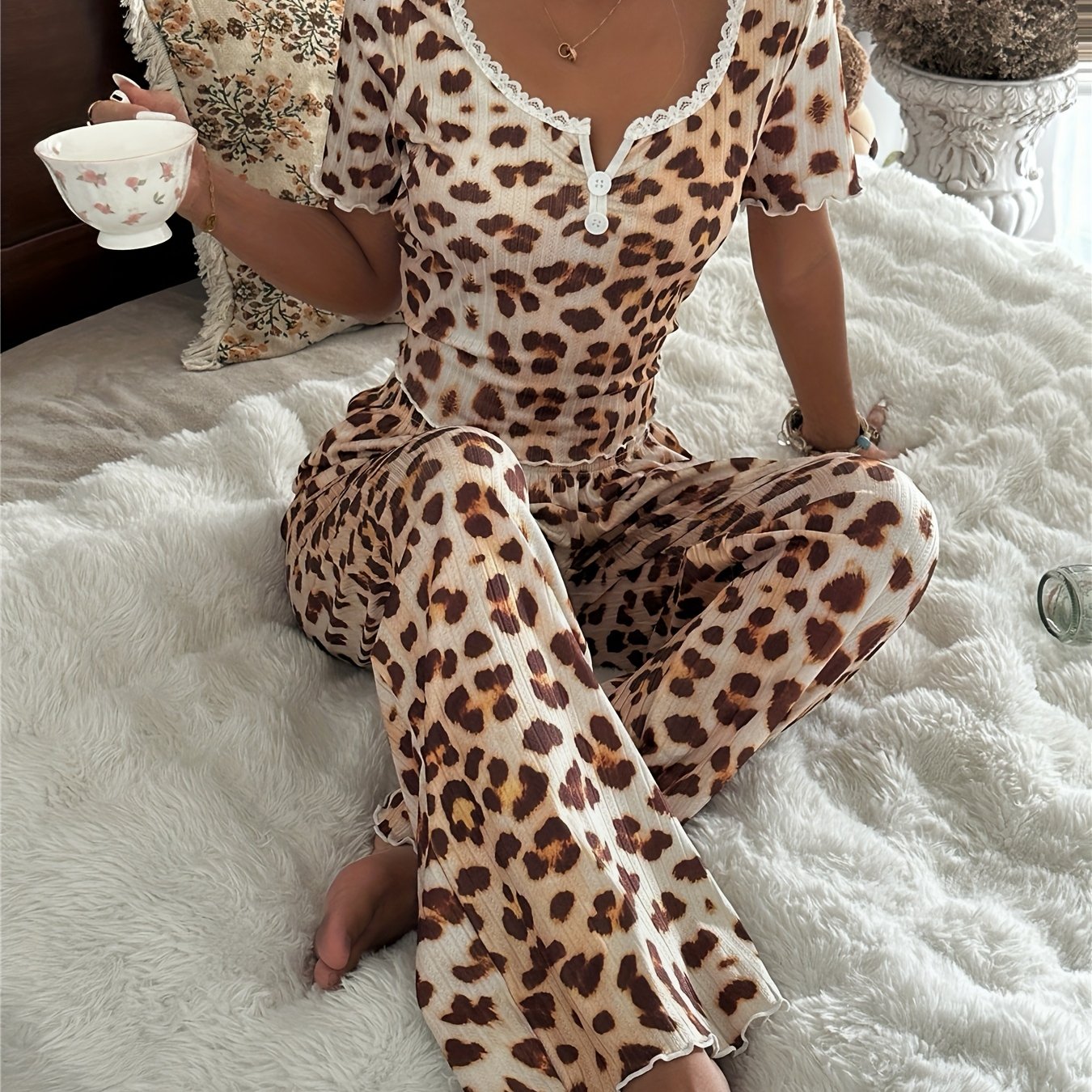 Leopard Print Short-sleeved Pants Pajama Set