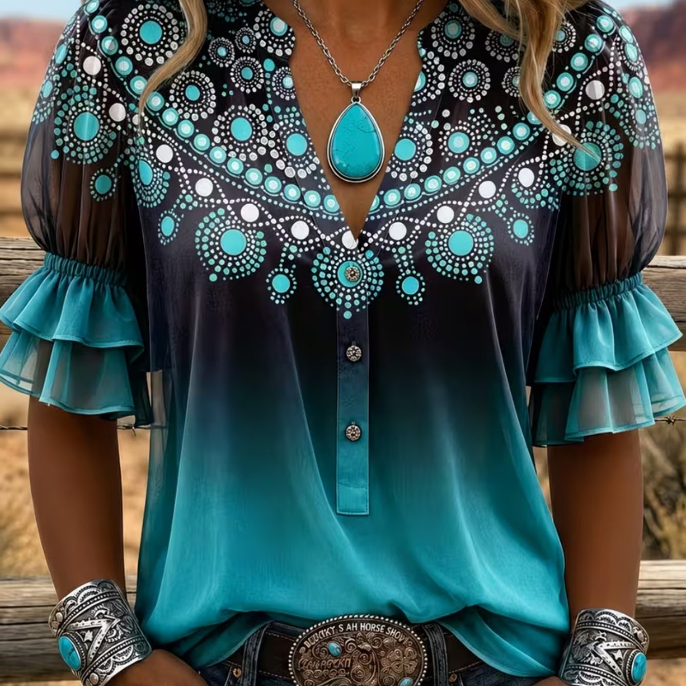 TEMU Turquoise Dot Gradient Chiffon Ruffle Sleeve V Neck Blouse