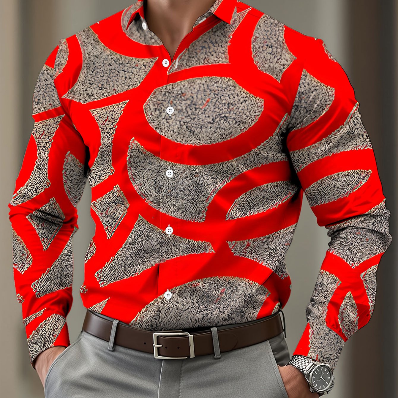 TEMU Plus-size Men's Casual Long-sleeve Print Shirt In Red And Gray With Abstract Curved Patterns, Regular Style Dress Shirt, Versatile And Stylish