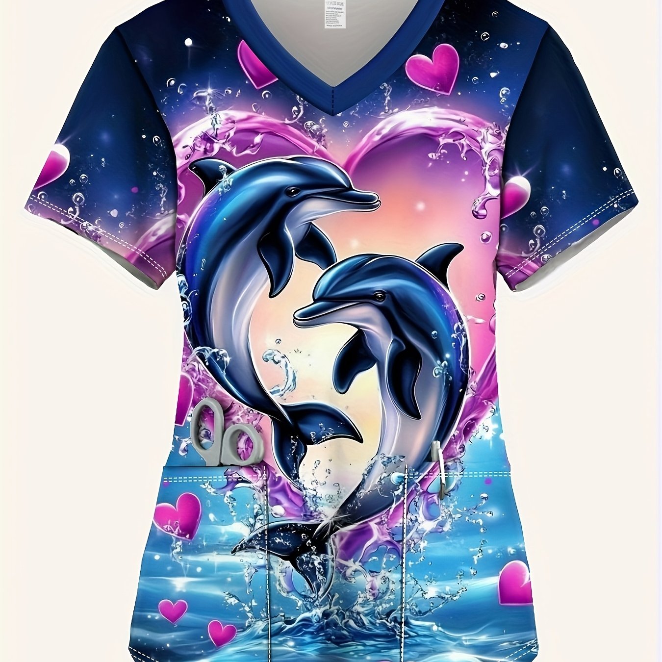 TEMU Plus Size, Plus Size Women's Vibrant Dolphin And Sea Matte Top - Soft, Stretchy V-neck Short Sleeve Shirt With Pocket, Comfortable Polyester