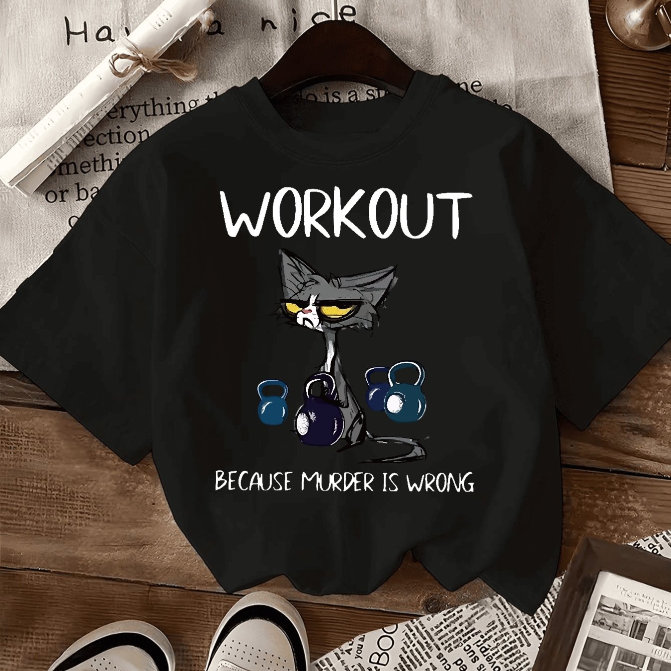 TEMU Women's Workout T-shirt "workout Murder Is " Cat & Kettlebells Graphic - Black Casual Short Sleeve Round Neck Tee, Fit, Machine Washable, Gym &