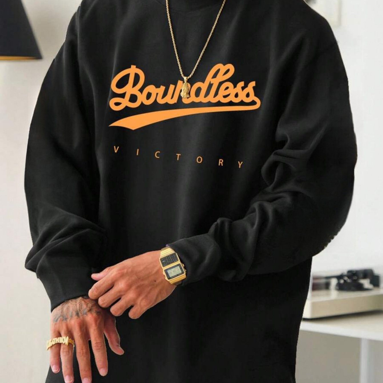 TEMU Men's Loose Fit Hip-hop Letter Print Long Sleeve T-shirt - Letter Print - Loose Neck Long Sleeve Casual [printed Design – Not Textured], Plus