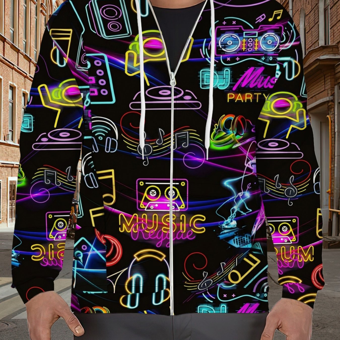 TEMU Men's Theme Zip-up Hoodie Trendy Music Note Cassette Pattern Top Stylish Streetwear Versatile Jacket