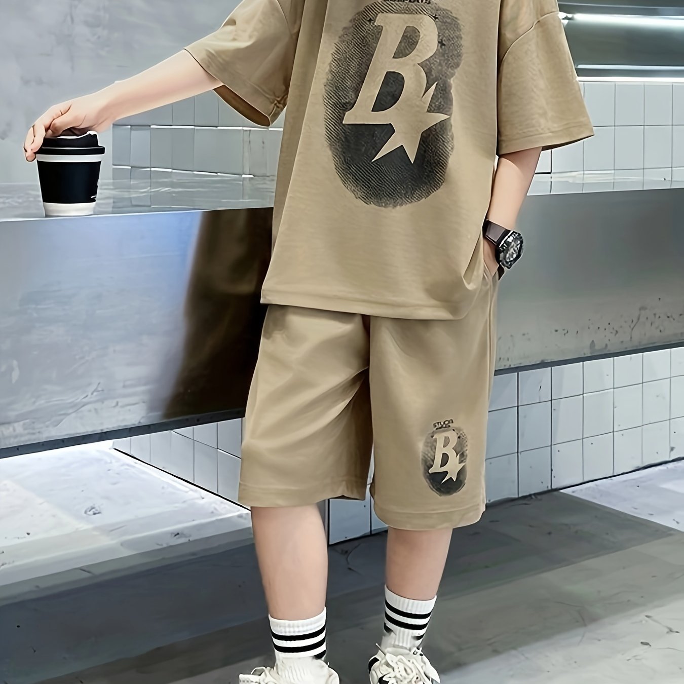 Image of Boys' Summer Short Sleeve Shorts Two-piece Set, Comfortable Casual Sporty Fashionable Big Boys' Printed Loose Short Sleeve Shorts Outfit, Perfect For Outdoor