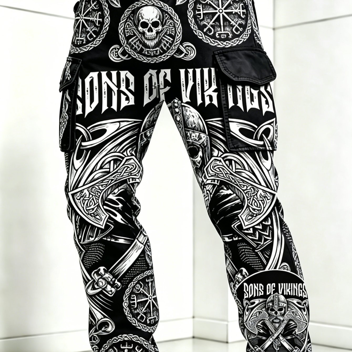 Image of Men's Viking Viking-themed Cargo Pants With Viking Print & Multi-pocket Trousers - Loose Straight Leg Streetwear Suitable For Outdoor, Casual Wear, Machine Washable Digital Full Print