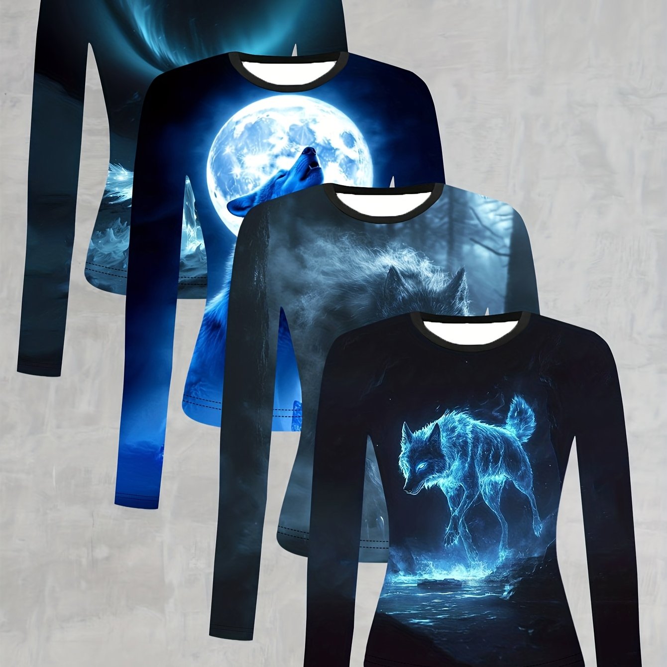 TEMU 4pcs Women's Long Sleeve T-shirt Set - & Northern Lights Graphic Print, Elegant Streetwear Style, Soft Round Neck Casual Tops For Fall/winter,
