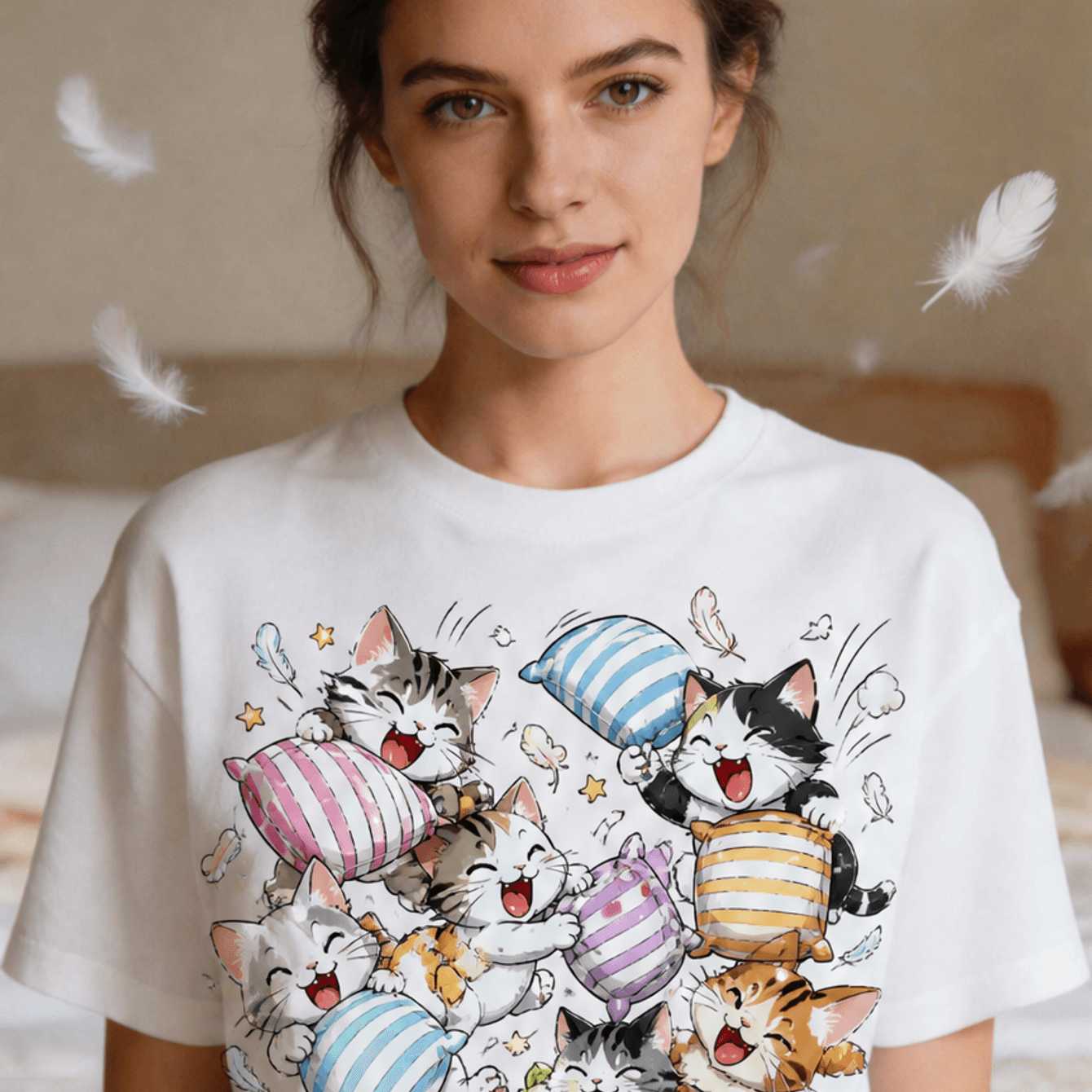 Image of New Women's T-shirt Cute Cartoon Cats Playing With Striped Pillows And Feathers Theme T-shirt Casual Loose Fit High Quality Pure T-shirt Daily Wear Gift For Cat Lovers Women's T-shirt