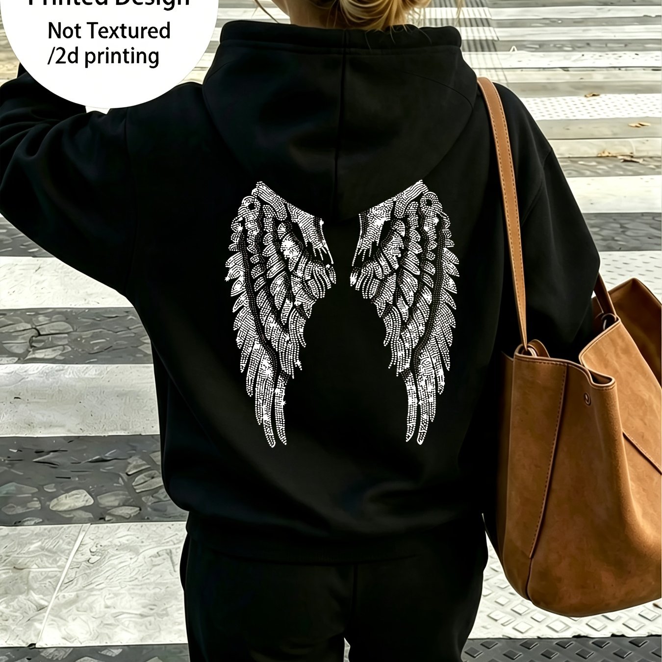 TEMU Printed Design - Non-textured 2d Printing Girls' Hooded Sweatshirt - 2026 Trend For Middle And Older Girls, Black Hooded Sweatshirt