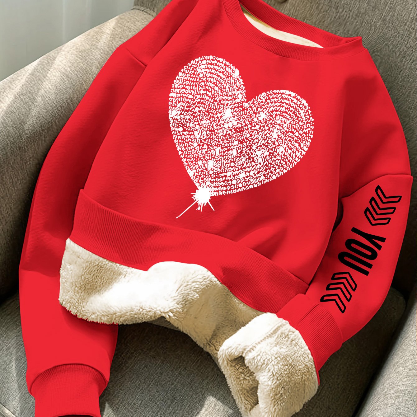 TEMU Women's Rhinestone Heart Printed Casual Comfortable Warm -like Twill Composite Long-pile Crew Neck Sweatshirt, Stylish For Autumn And Winter