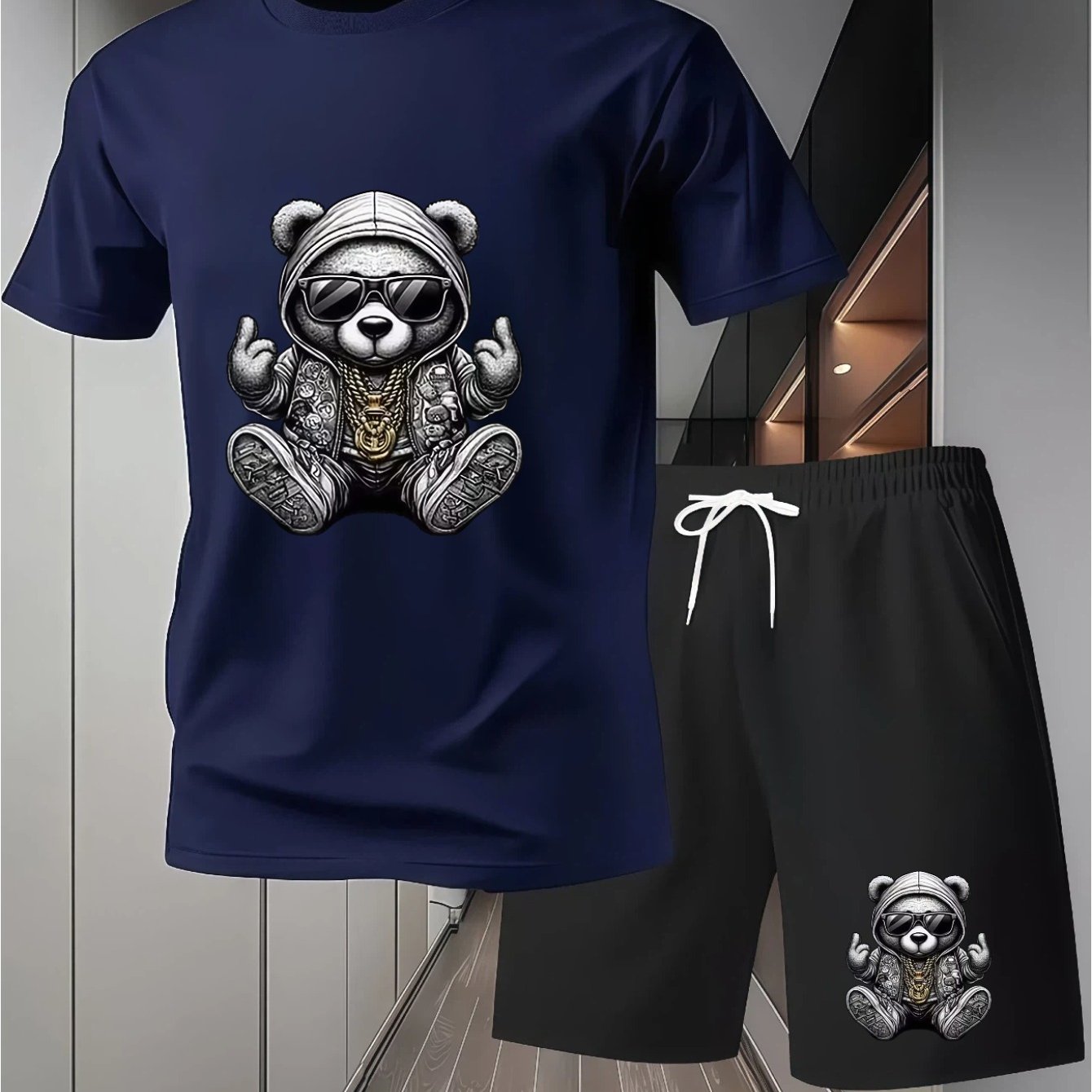 TEMU Popular Hip-hop Bear Set, Breathable And Comfortable Fabric, Featuring To -style Trendy Vibe