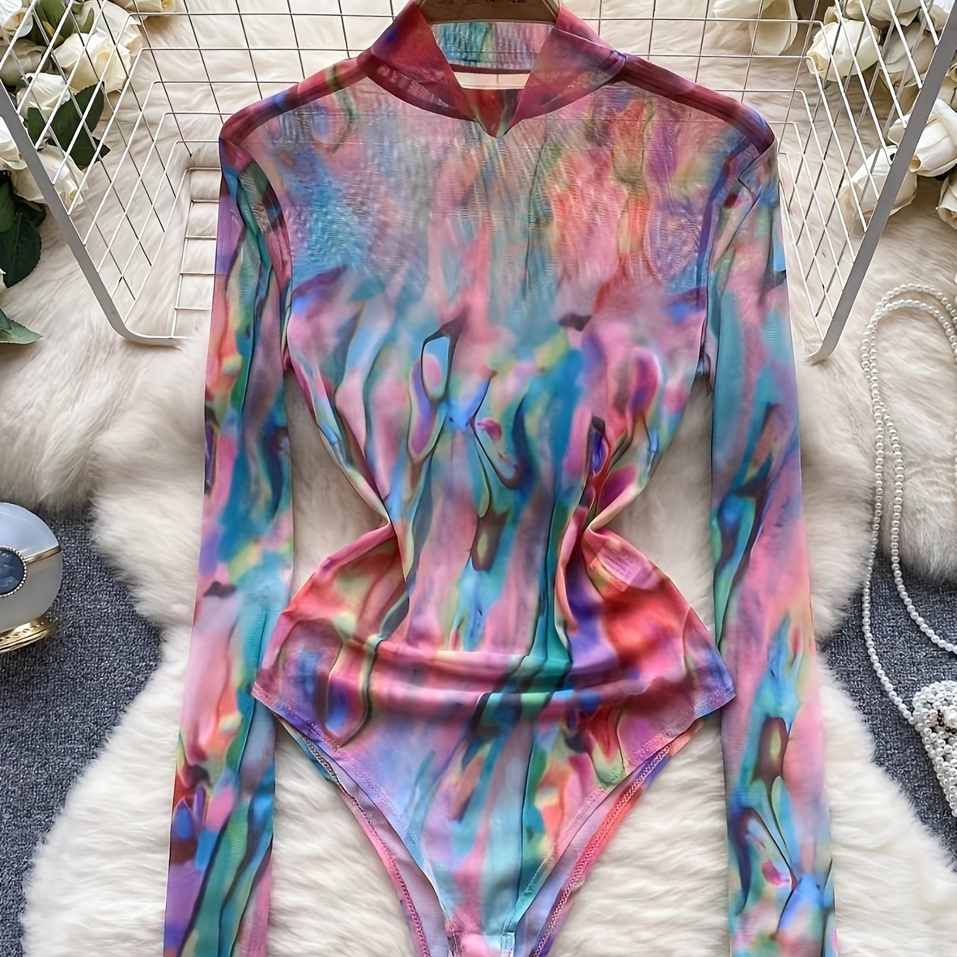 Image of Spicy Style Tie-dye Bodysuit For Women, Autumn Half-turtleneck Bodycon Mesh Top With A Designer Streetwear Vibe