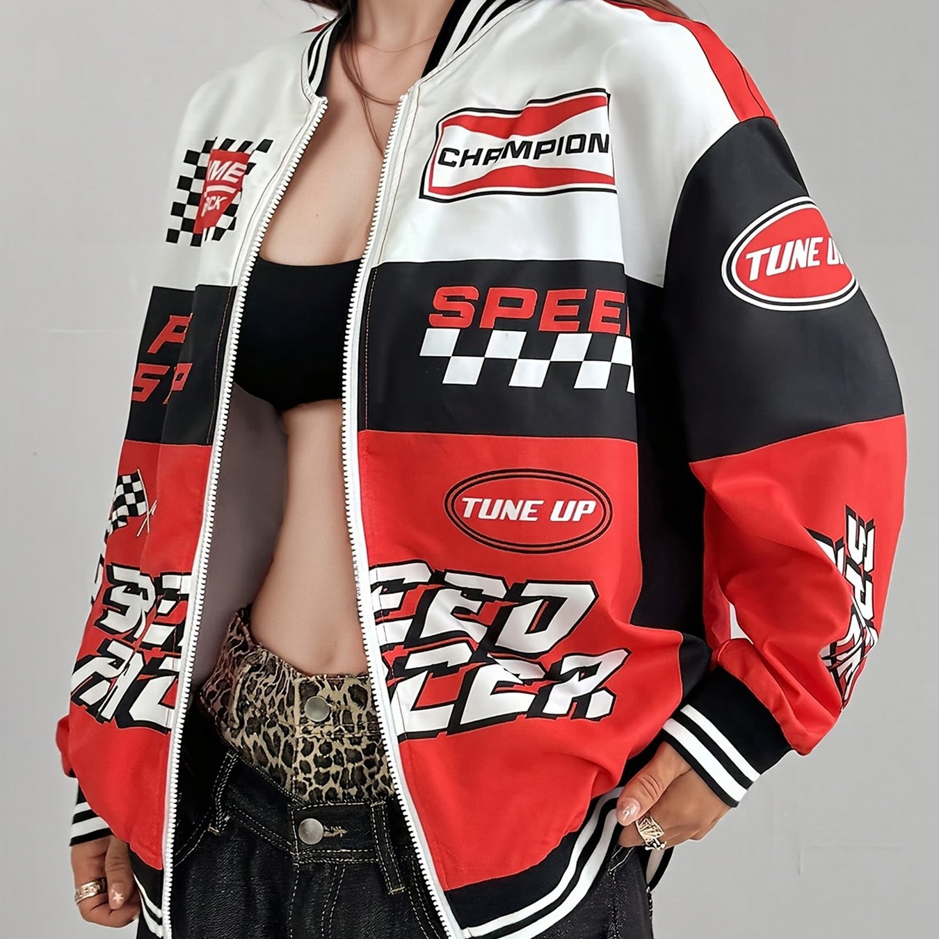 TEMU [printed Design-not Textured] Women's Stand Collar Jacket, Red White Black Color-block Letter Checkered Flag Print, Baseball Stand Collar Long