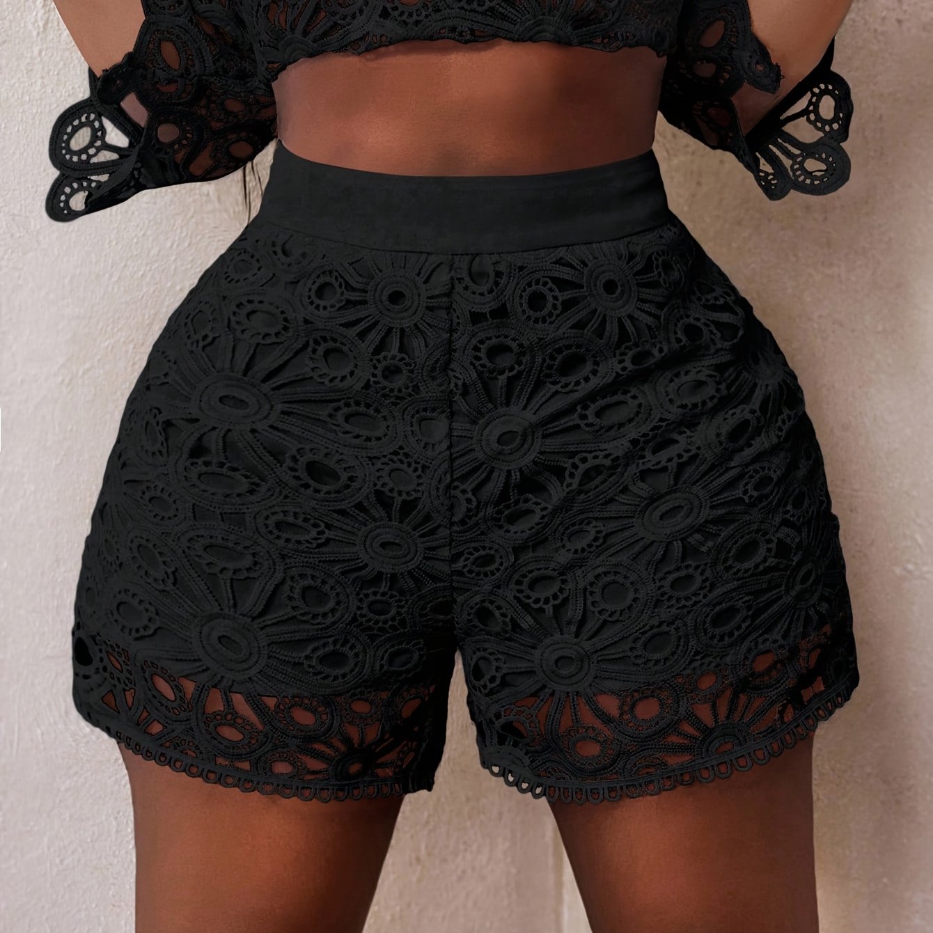 TEMU Asd1 Spring/summer New Elegant Casual Solid Color Hollow-out 's Shorts
