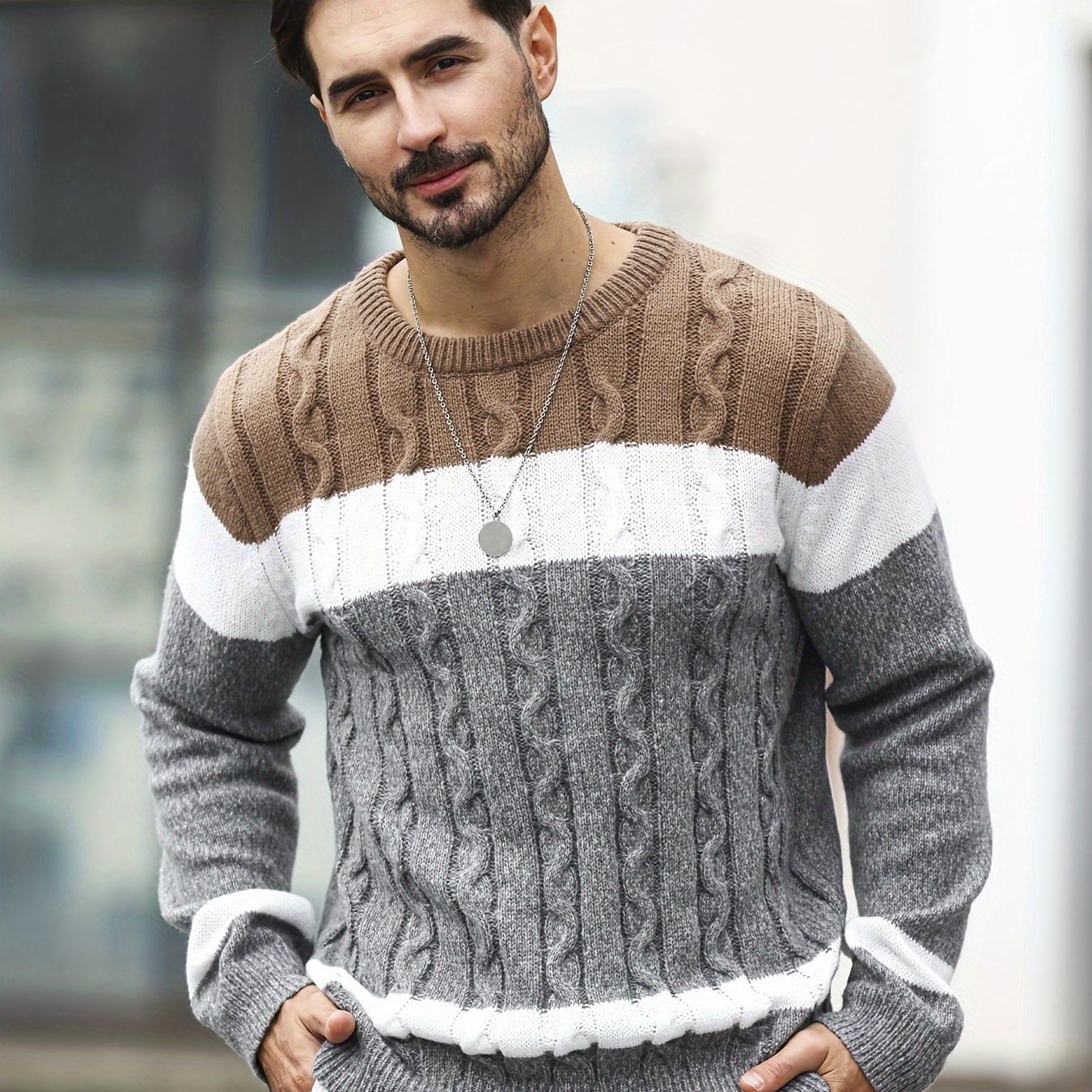 TEMU Si Jidou Obm Autumn And Winter Men's Color-matching Knitted Sweater, Round Neck Long Sleeve Knitted   Color Block Outfit For Business And