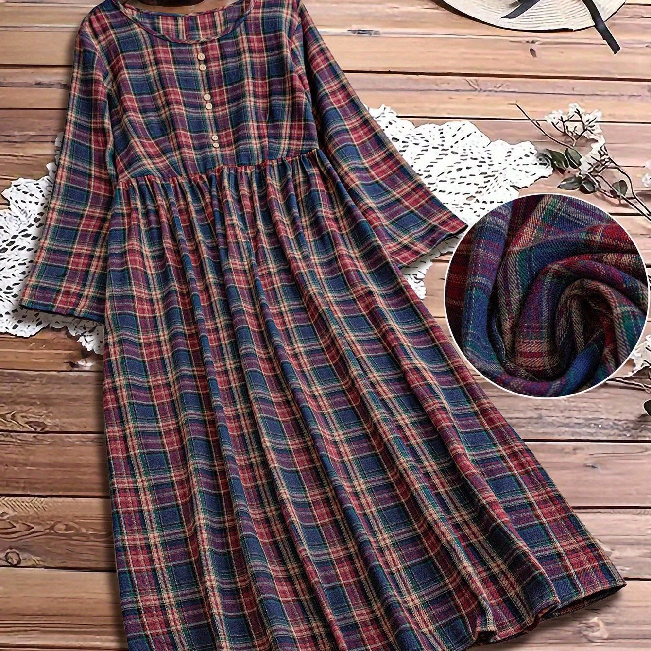 TEMU Plus Size - Plus Size - Plus-size Women's Casual Long-sleeve Round-neck Dress, Suitable For Outdoor, Everyday Wear, Settings, And For Spring And