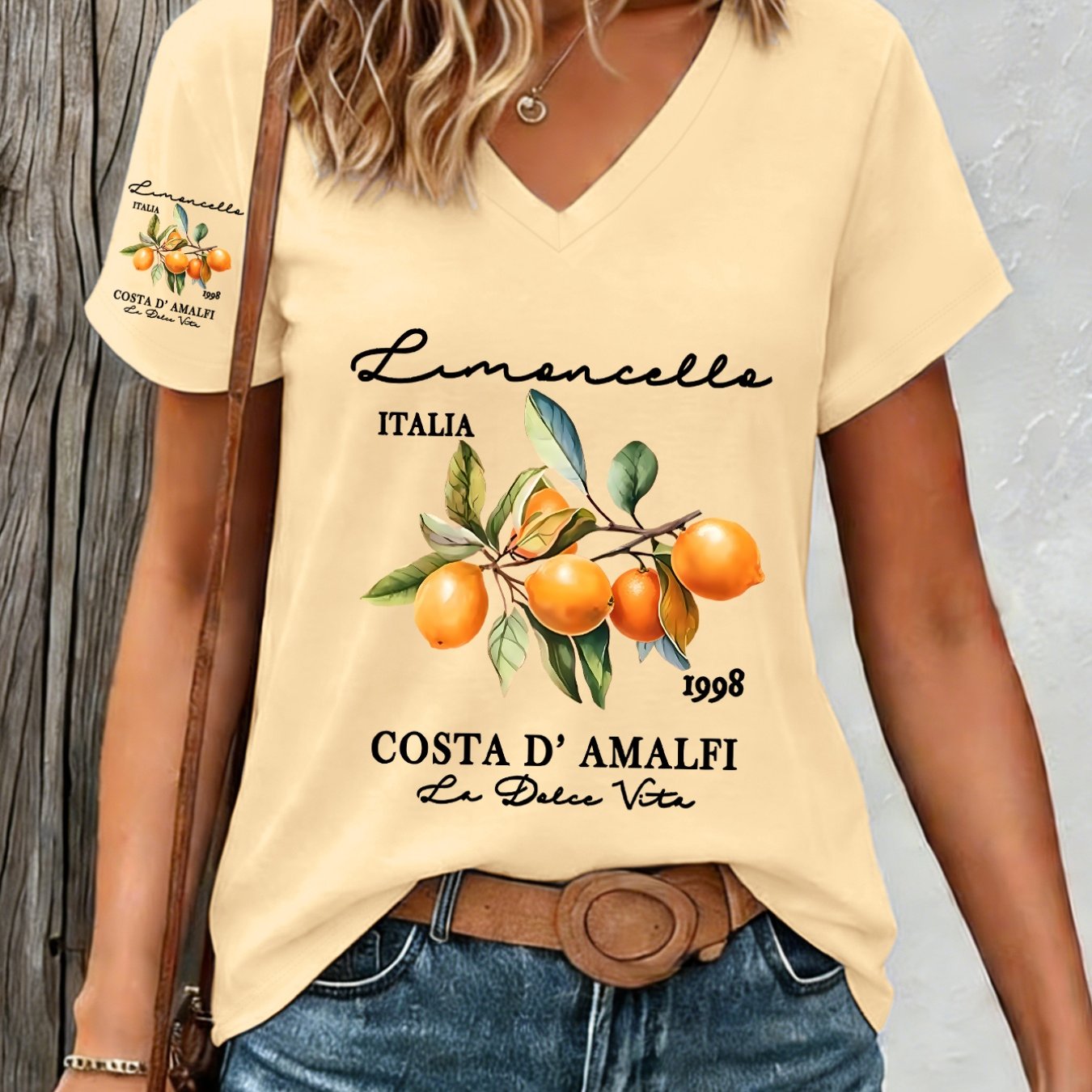 TEMU 1pc Lemon Print V-neck T-shirt Italian 1998 Loose Showcasing And Summer New Y2k Style Women's Casual Athletic Wear Single Sleeve Print Elegant